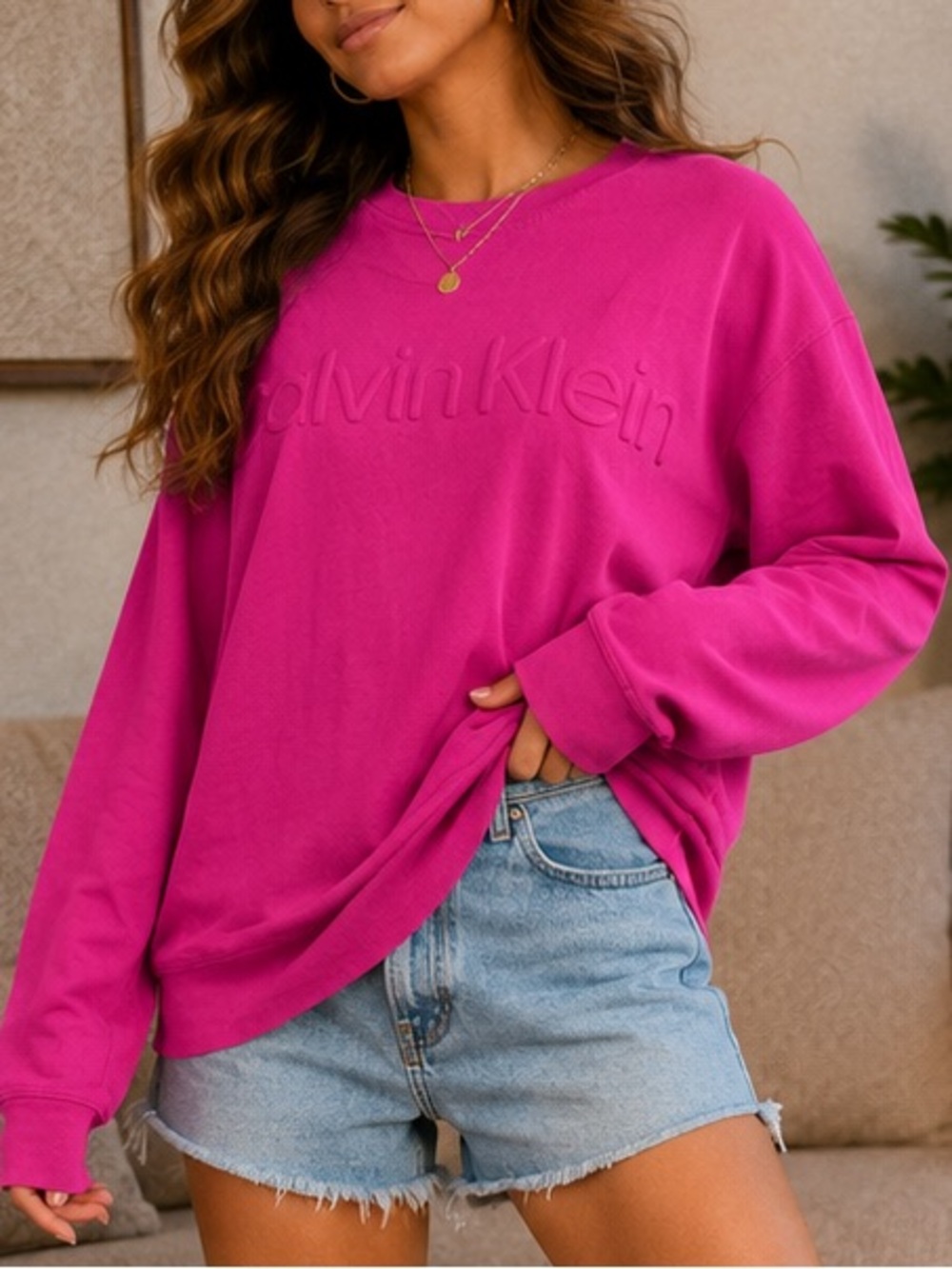 Calvin Klein Performance Hot Pink Raised Logo Long Sleeve 100% Cotton Tee L, Y2K